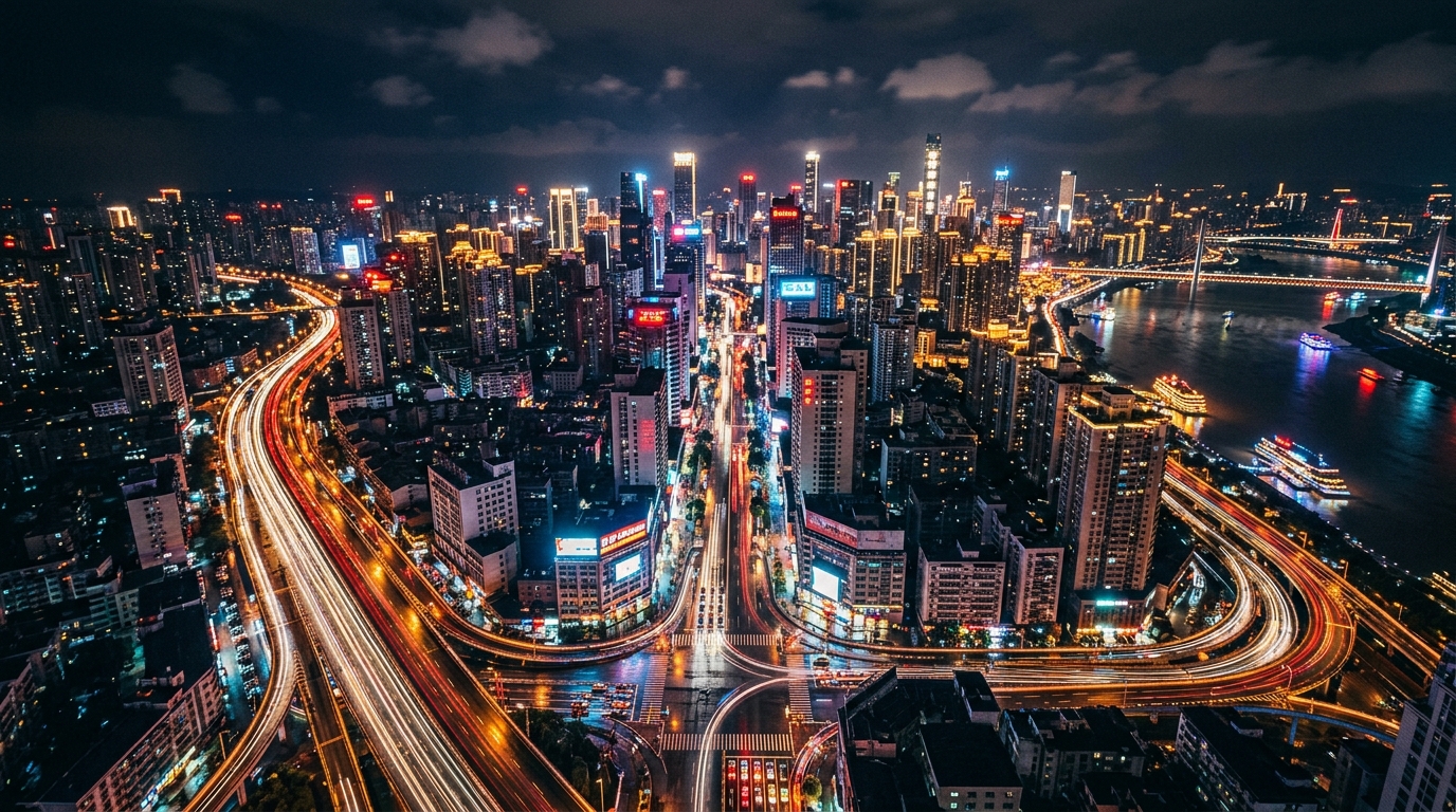 夜晚繁华都市高空俯瞰，霓虹灯光交织流动，延时摄影展现城市脉搏，91在线视频精选城市记录