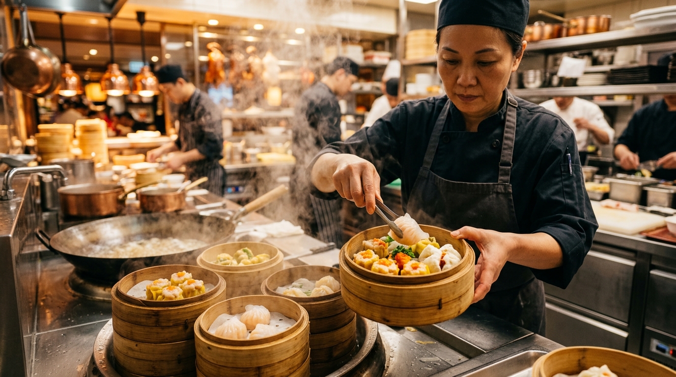 厨师在专业厨房内精心烹饪一道色香味俱全的粤式料理，蒸汽升腾，画面精致诱人